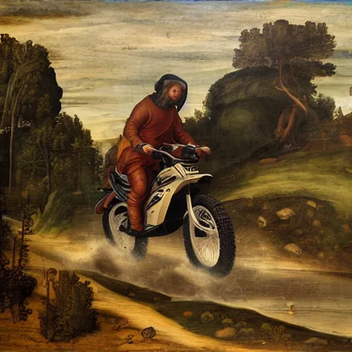 Image similar to guy on all terrain vehicle, renaissance painting by jerome bosch