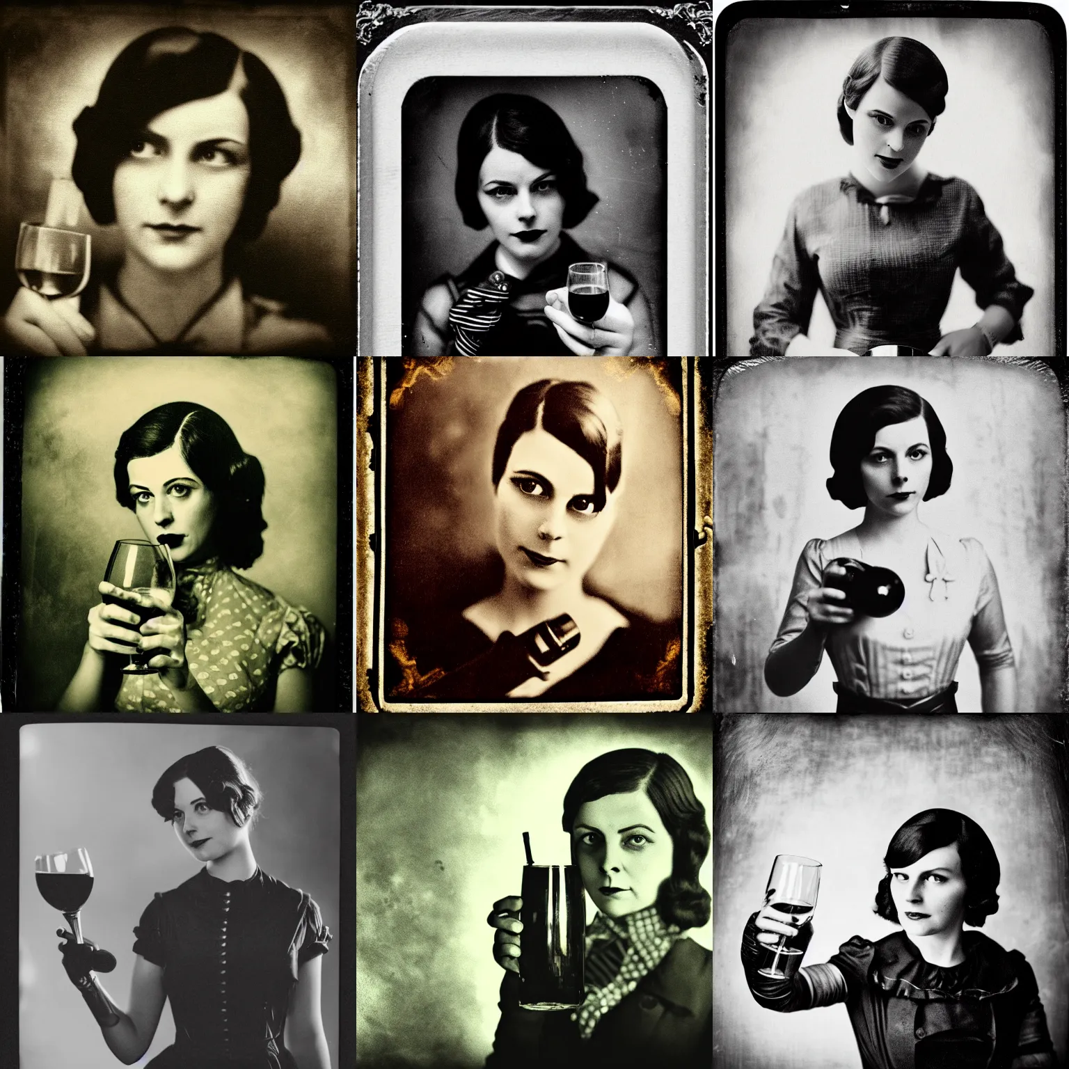 Prompt: a tintype photo of elizabeth from bioshock holding a glass of wine, deep focus, closeup, dramatic lighting, monochrome, instagram, trending, photograph, film grain and noise, vignette, post-production