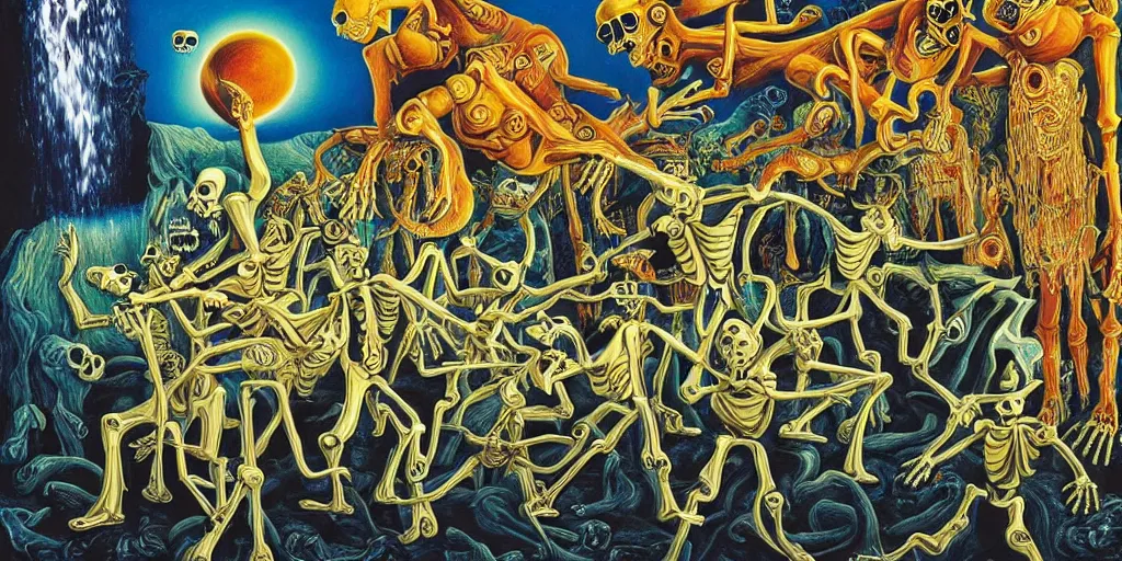 Image similar to Action scene from the film ghost in the machine with skeletons dancing in front of a waterfall, imaginary animals, golden hour, backlit by an alien planet, sharp focus, psychedelic manga, gauche on paper by salvidor dali, abstract oil painting by Raqib Shaw, MC Escher illustration