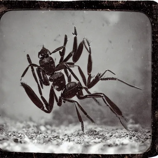 Image similar to tintype photo, underwater, two ants fighting