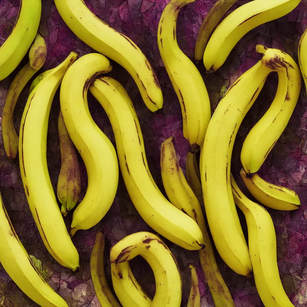 Image similar to very ripe patchwork bananas placed like a complex fractal, cracked, vegetable foliage, art nouveau fractal with petal shape, and stems, mesh roots. closeup, hyper real, food photography, high quality