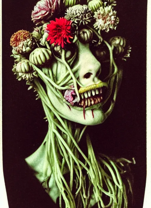 Image similar to beautiful and detailed rotten woman made of plants and many types of flowers like carnation, chrysanthemum and tulips, muscles, intricate, organs, ornate, surreal, john constable, guy denning, gustave courbet, caravaggio, romero ressendi 1 9 1 0 polaroid photo