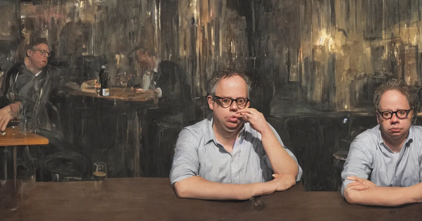 Image similar to todd solondz, high quality high detail image of todd solondz sitting with a friend in an empty bar in tel aviv street, drinking, smoking, clear sharp face of todd solondz, night, by lucian freud and gregory crewdson and francis bacon, hd, photorealistic lighting