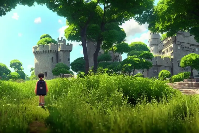 Prompt: game trailer of a semi realistic first person studio ghibli, pixar and disney animation, sharp, shooter game trailer on victorian castle, castle landscape, rendered in unreal engine 5, cinematic lighting, ray tracing, unreal engine 5, photorealistic