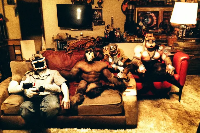 Image similar to a gritty photo made with a disposable camera of my living room where a real life Donkey Kong sits next to a real life King Bowser on the couch, while playing a video game