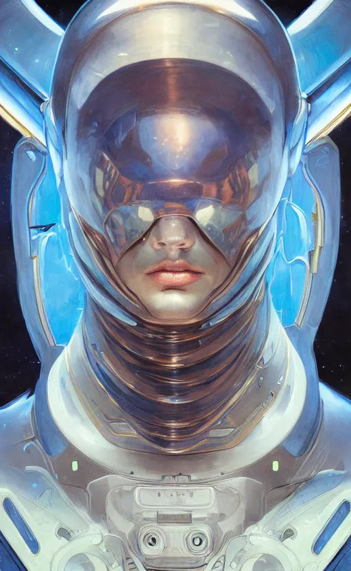 Prompt: portrait of a blue alien wearing a tight and smooth space suit, intimidating, intricate, headshot, highly detailed, digital painting, artstation, concept art, sharp focus, cinematic lighting, illustration, art by artgerm and greg rutkowski, alphonse mucha, Moebius, Jean Giraud, cgsociety