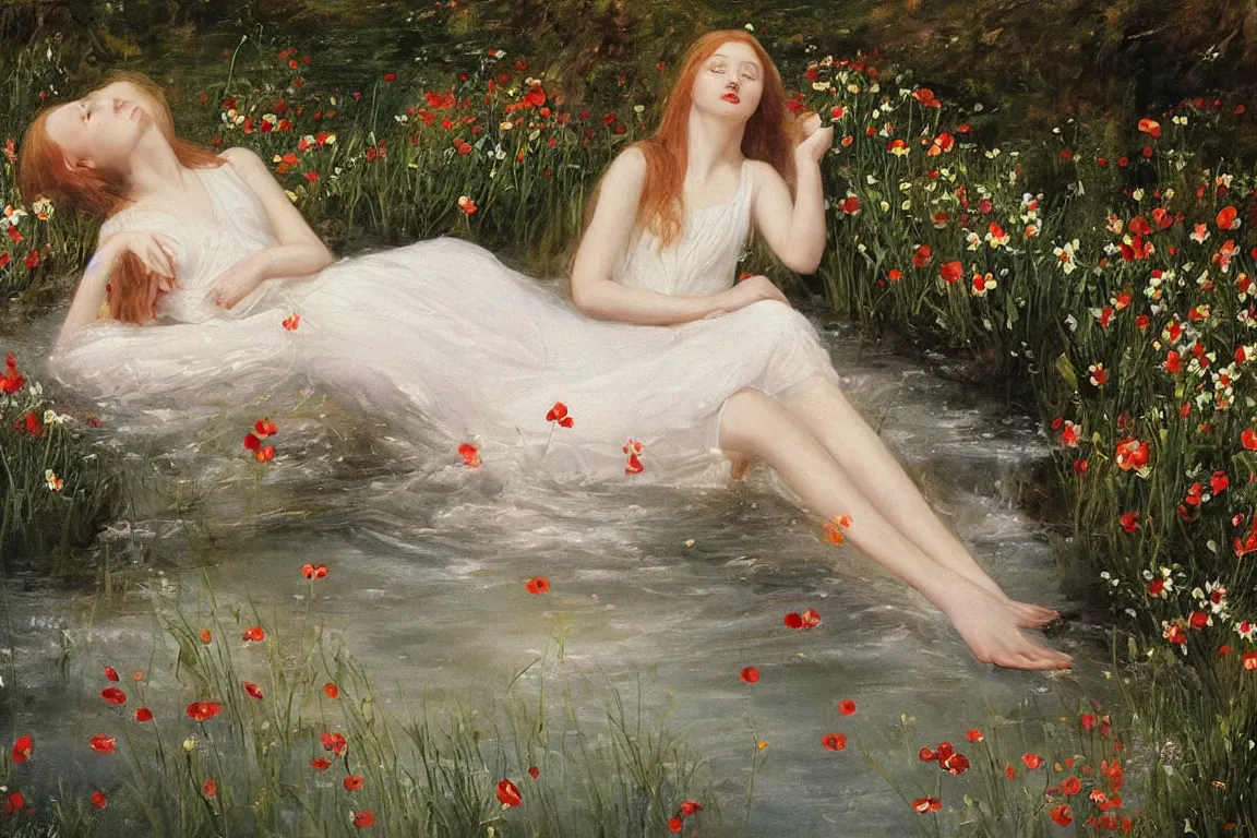 Image similar to Beautiful woman lying in a water stream. Flowers in hand. white dress, light red long hair. Apathetic, pale. Poppies means death, daisies innocence and pansies love in vain.The painting was regarded in its day as one of the most accurate and elaborate studies of nature ever made. The background was painted from life by the Hogsmill river in Surrey. Naturalistic. Painting by John Everett Millais.