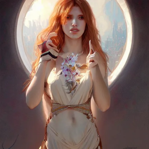 Image similar to ultra realistic illustration, bella thorne as 7 or 9, intricate, elegant, highly detailed, digital painting, artstation, concept art, smooth, sharp focus, illustration, art by artgerm and greg rutkowski and alphonse mucha