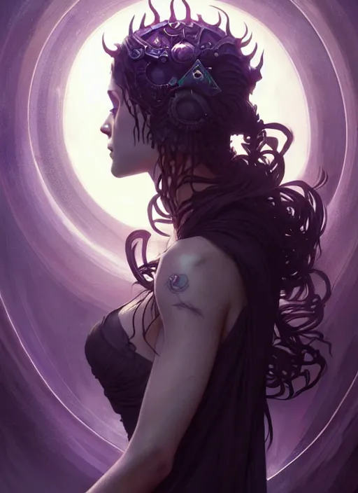 Image similar to a beautiful cinematic female Necromancer Sorceress, galatic shamen with Quantum energy fantasy, fantasy magic, undercut hairstyle, dark light night, intricate, elegant, sharp focus, illustration, highly detailed, digital painting, concept art, matte, art by WLOP and Artgerm and Greg Rutkowski and Alphonse Mucha, masterpiece