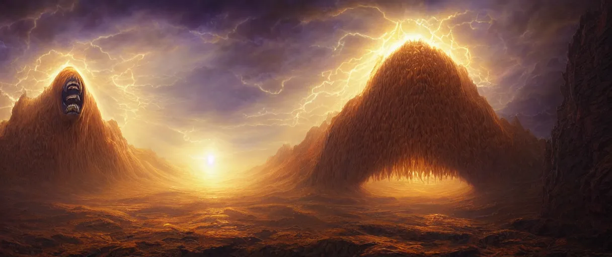 Image similar to A terrifying giant monster made of honey, beautiful atmosphere, god rays, masterpiece digital painting by Alex Grey, Greg Rutkowski, 4k wallpaper