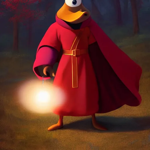 Prompt: a wholesome animation key shot of a mallard duck wearing a red cultist robe, pixar and disney animation, sharp, rendered in unreal engine 5, anime key art by greg rutkowski, bloom, dramatic lighting