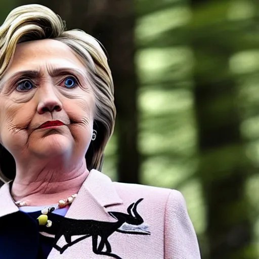 Image similar to hillary clinton wearing a goat head at the bilderberg meeting in the forest