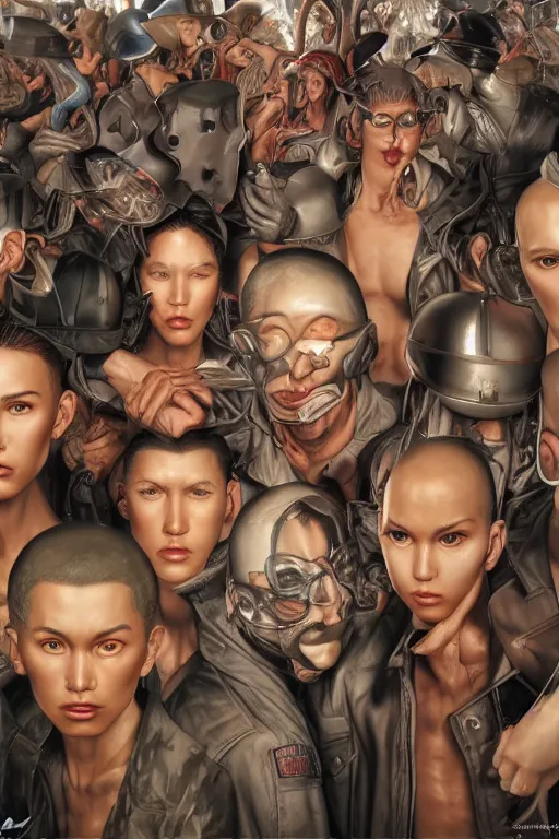 Image similar to place full of tunnel rats - pop art, hyperrealistic, detailed by artgerm and richard hamilton and mimmo rottela and bob rafei and kazuma kaneko and bengus and yoshitaka amano, face features, human anatomy features, sharp focus, realistic detail human composition, anatomy models details, multicultural race