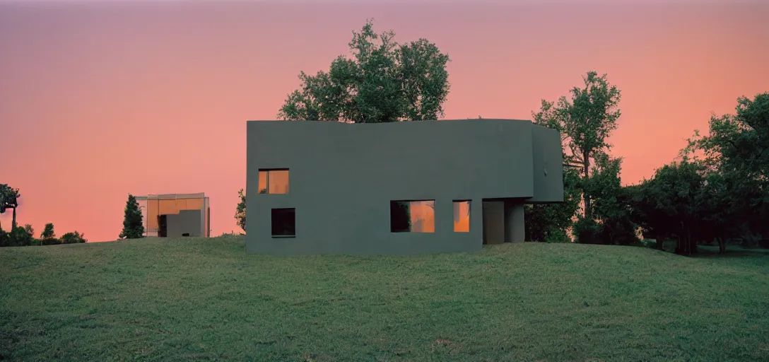 Image similar to house designed by ivan albright at sunset. fujinon premista 1 9 - 4 5 mm t 2. 9. portra 8 0 0.