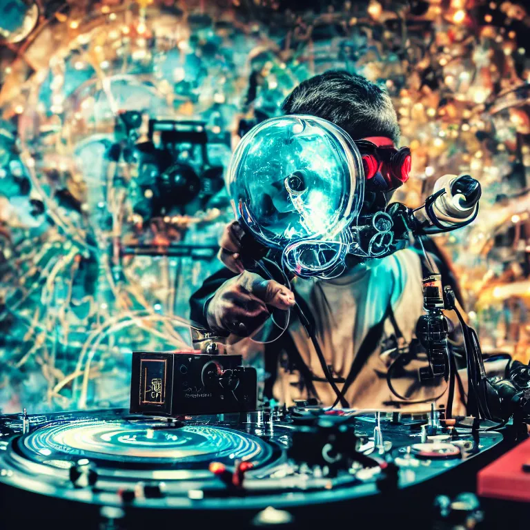 Image similar to a person wearing goggles and visor and headphones using a steampunk record player contraption, wires and tubes, turntablism dj scratching, intricate planetary gears, cinematic, imax, sharp focus, leds, bokeh, iridescent, black light, fog machine, hazy, lasers, hyper color digital art, cyberpunk