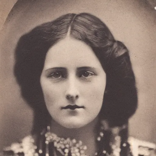 Prompt: edwardian photograph of a beautiful woman, elegant, symmetrical, staring at the camera, very grainy, 1900s, 1910s, close-up portrait, slightly blurry