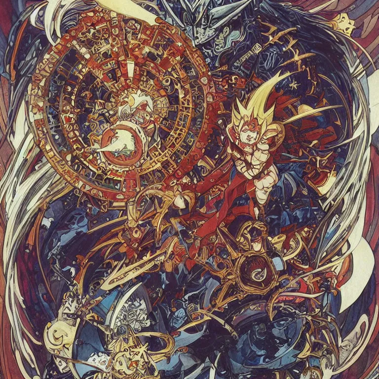 Image similar to portrait of The Anti-Spiral from Tengen Toppa Gurren Lagann by Jeff Easley and Peter Elson + beautiful eyes, beautiful face + symmetry face + border and embellishments inspiried by alphonse mucha, fractals in the background, galaxy + baroque, gothic, surreal + highly detailed, intricate complexity, epic composition, magical atmosphere + masterpiece, award winning + trending on artstation