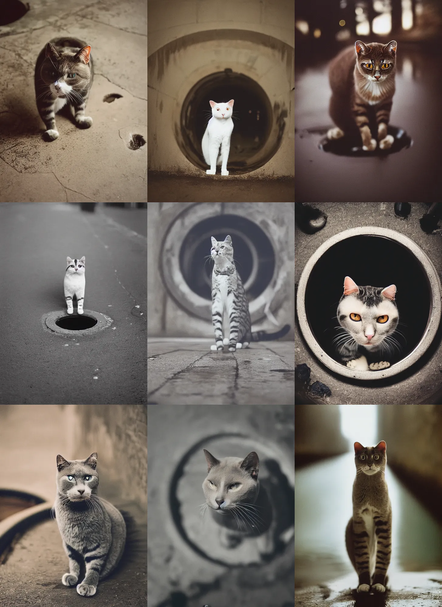 Prompt: medium format film portrait of a soulless anthropomorphic cat standing in a sewer, hasselblad film bokeh, unsplash, soft light photographed on colour expired film