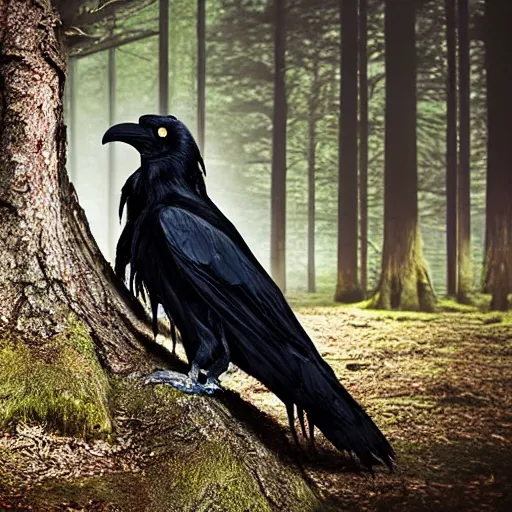 Image similar to ! werecreature that is a mix between human and crow, photograph captured in a forest