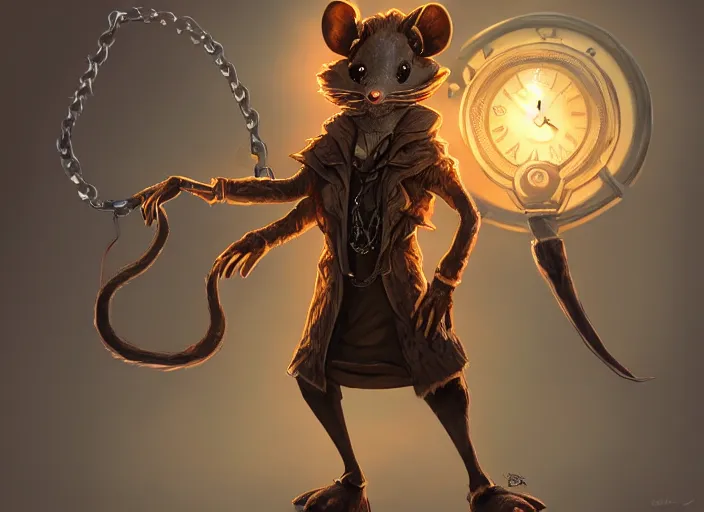 Image similar to a highly detailed illustration of a anthropomorphic rat wearing a long coat, glowing eyes, dramatic standing holding pocket watch with chain pose, infinite space clock background, muscular, intricate, elegant, highly detailed, centered, digital painting, artstation, concept art, smooth, sharp focus, league of legends concept art, wlop