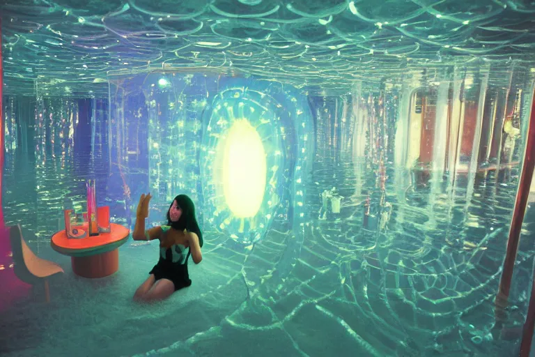 Image similar to high-angle view of a vivacious female jellyfish human hybrids wearing vacuum tube amp discowear with transparent digital number readout floating in front of face, sitting inside of a flooded 1970s luxury bungalow cabin with infinity mirror table, submersible vessel seamlessly clipping through wall, suspended soviet computer console on ceiling, ektachrome color photograph, volumetric lighting, off-camera flash, 24mm f8 aperture