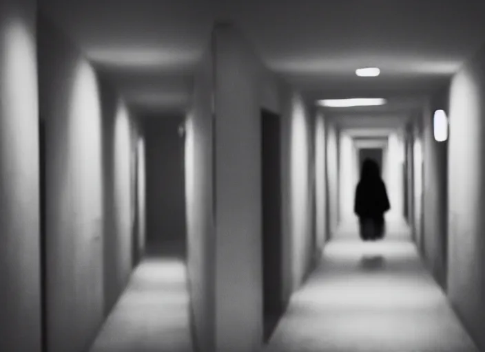 Image similar to Grainy photo of a long hallway in a hotel at night. A disfigured face peeks out of one of the rooms, horror movie still, dramatic lighting