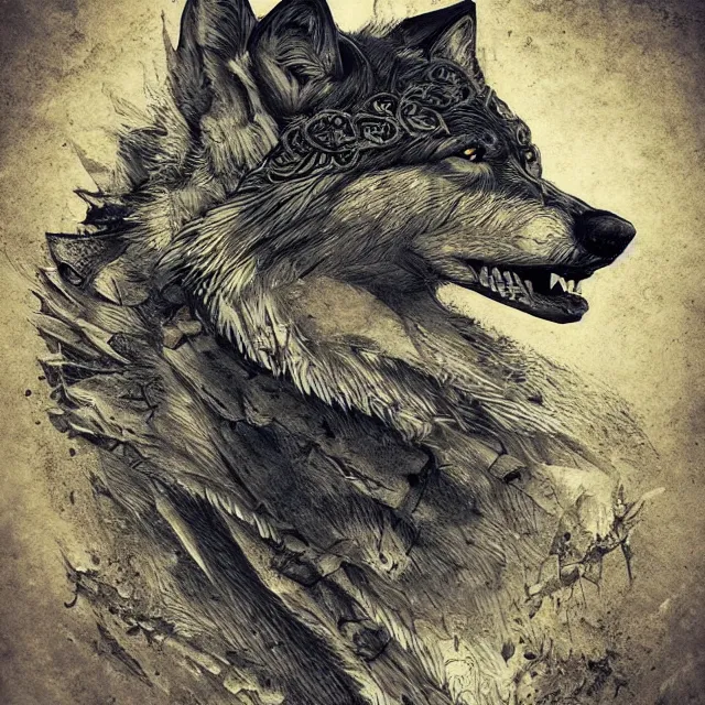 Image similar to a beautiful symbol of a wolf, struggle, honor, pride, intricate details, artstation, concept art, dark, dangerous