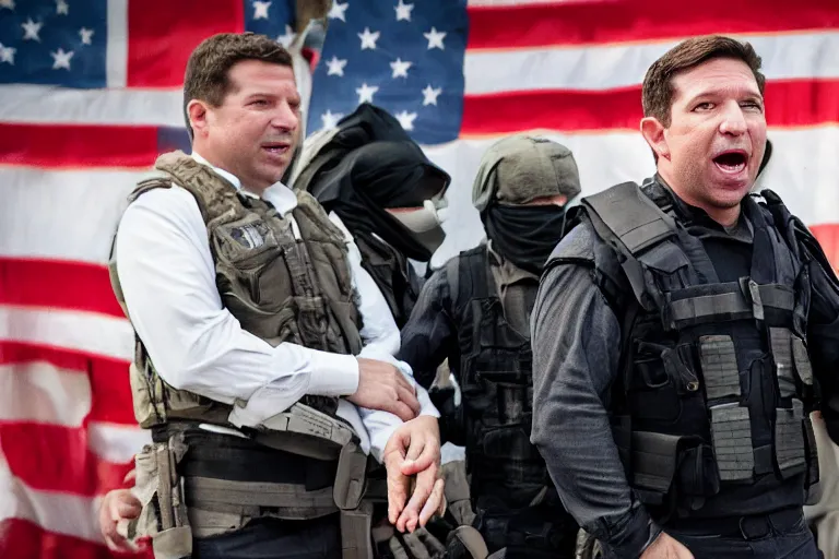 Image similar to Ron DeSantis taken captive by ISIS terrorists, 35mm photograph