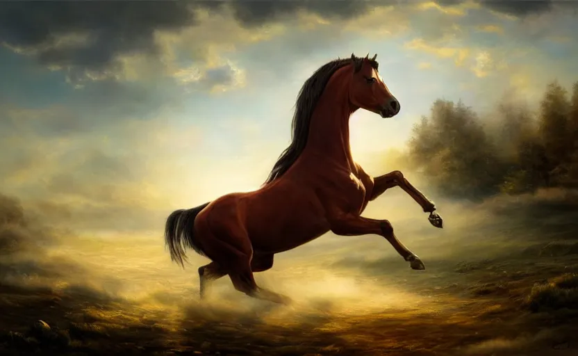 Image similar to a beautiful oil painting of a proud galloping horse. wide angle, fantasy art, heroic lighting, very very very beautiful raytraced rendering, fog, finger of god, amazing wallpaper