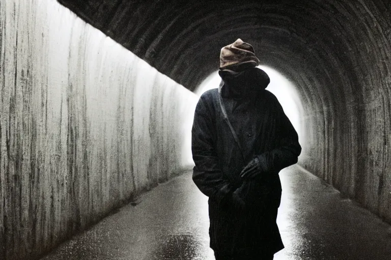 Image similar to a cinematic headshot photograph of a beautiful homeless war veteran, stood in a tunnel, rain, film still, cinematic, dramatic lighting, by bill henson and annie leibovitz