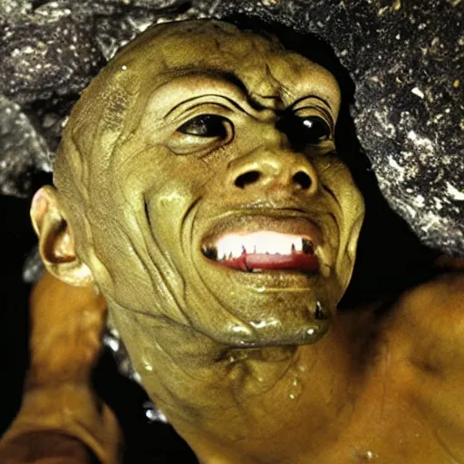 Prompt: photo inside a cavern of a wet reptilian humanoid miles davis partially hidden behind a rock, with black eyes, open mouth and big teeth