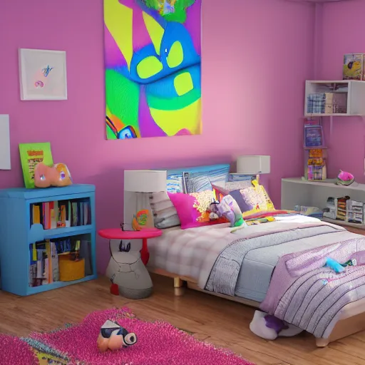 Image similar to eye - level view, in a child's bedroom filled with toys, a super cute gsd runs around in circles on an unmade bed. a colorful comforter is on the bed. hilarious, funny, back to school comedy, cg animation, 3 d octane render, imax 7 0 mm,