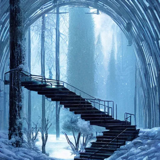 Image similar to stairs leading to a frozen derelict portal in a middle of a snowy lush futuristic forest, lush world seen only through a portal, daylight, cinematic lighting, blue sky, syd mead, john harris