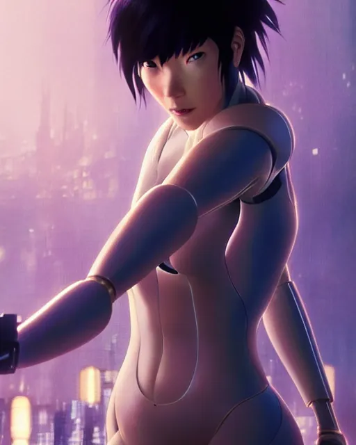 Image similar to weta disney pixar movie still portrait photo of motoko kusanagi ghost in the shell : : as cyborg woman by pixar : : by weta, greg rutkowski, wlop, ilya kuvshinov, rossdraws, artgerm, marvel, maxim cover, latex, octane render, sweaty, iridescent, bright morning, anime, liosh, mucha : :