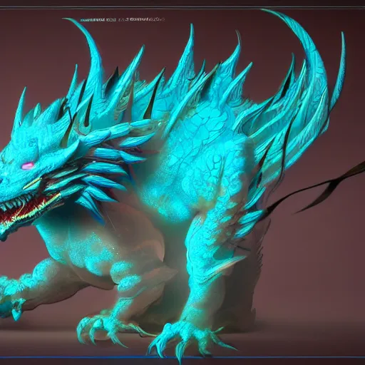 Image similar to a concept art of a whole cyan chinese dragon, highly detailed, cyberpunk style, 4 k, artstation, digital art, rendered in unreal engine, soft illumination.