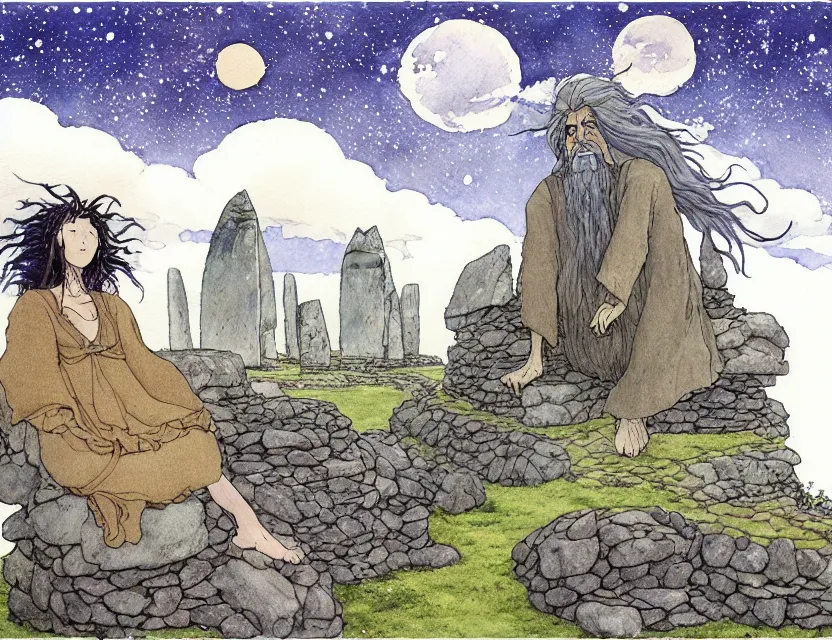 Prompt: a hyperrealist studio ghibli watercolor fantasy concept art of a giant long haired grey witch in lotus position sitting on top of the stones of stonehenge with a starry sky in the background. a ufo is in the sky. by rebecca guay, michael kaluta, charles vess