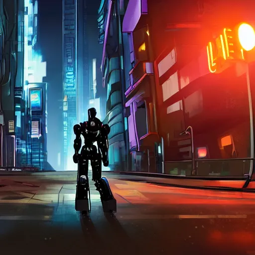 Image similar to a cyberpunk war robot patrolling streets in a dystopian metropolis at night