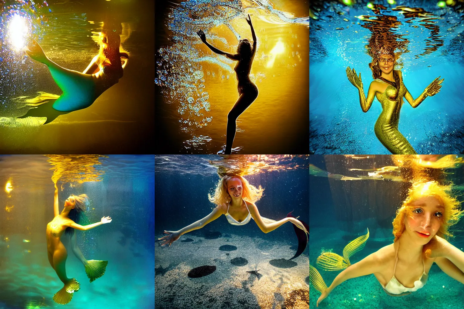 Prompt: golden coated mermaid underwater art photograph bubbles and light refractions