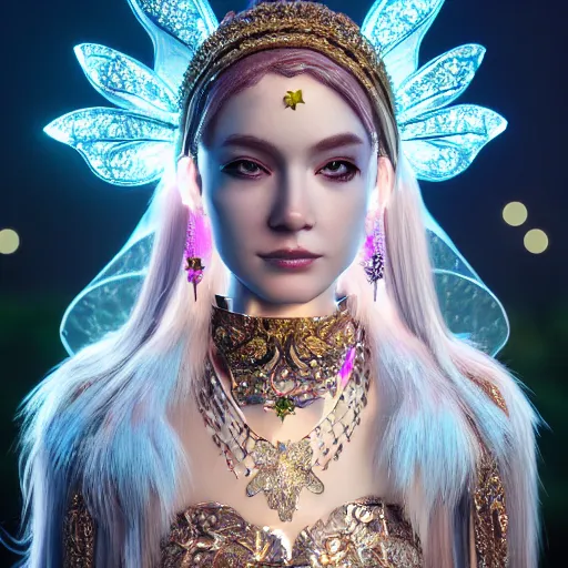 Image similar to portrait of fairy princess, glowing, ornate and intricate jewelry, jaw dropping beauty, glowing background lighting, white accent lighting, hyper detailed, fairy tale, 4 k octane render