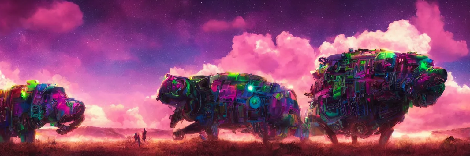 Image similar to hyperdetailed illustration, portrait big dog face, mohawk, stars, dark, pink, big train in space, pirate neon ship, neon, oil painting, rich deep colors masterpiece, ultra detailed, contrast, heaven pink, clouds, volumetric light, atmospheric lighting, dramatic, cinematic, moody, octane render 4 k, 8 k