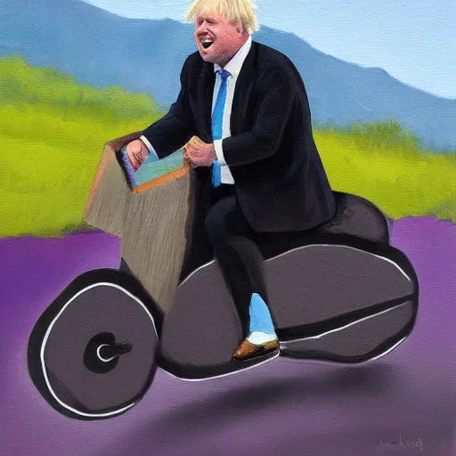 Image similar to boris johnson riding a veloceraptor, painting