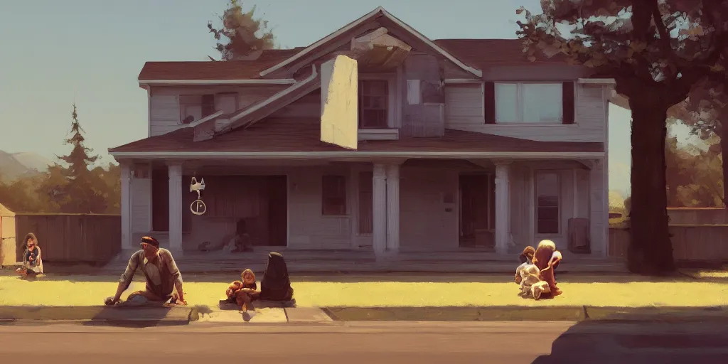 Image similar to empty house with owned by bank sign and homeless family sqatting outside on curb by Craig Mullins, ilya kuvshinov, krenz cushart, artgerm trending on artstation by Edward Hopper and Dan Mumford and WLOP and Rutkovsky, Unreal Engine 5, Lumen, Nanite