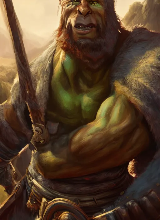 Image similar to A comic book style portrait painting of a orc cleric in a stunning fantasy landscape, unreal 5, DAZ, hyperrealistic, octane render, RPG portrait, dynamic lighting