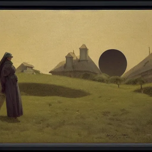 Prompt: dark solar eclipse, above a village, highly detailed, studio 4 k quality, by ramon casas