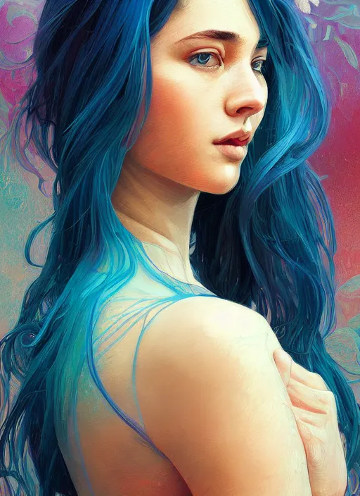 Image similar to handsome young women with shoulder length blue hair, half body shot, path traced, highly detailed, high quality, digital painting, alena aenami, lilia alvarado, shinji aramaki, karol bak, alphonse mucha, tom bagshaw