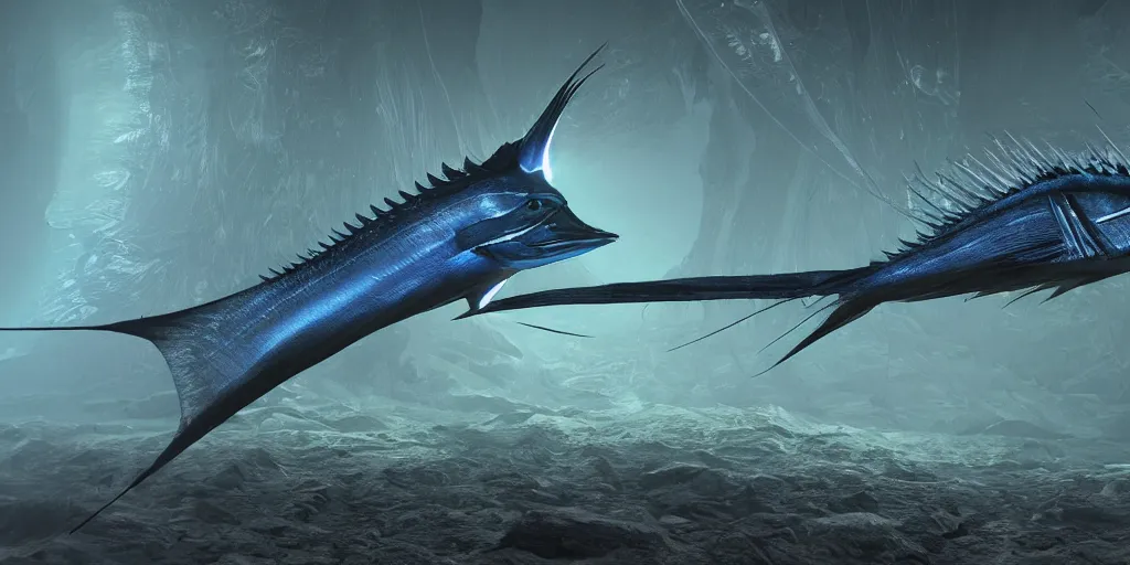 Image similar to sailfish, stylized layered textures, long flowing fins, bioluminescent orbs, 3 d render, substance painter, glowing eye, smooth, sharp focus, art by h r giger