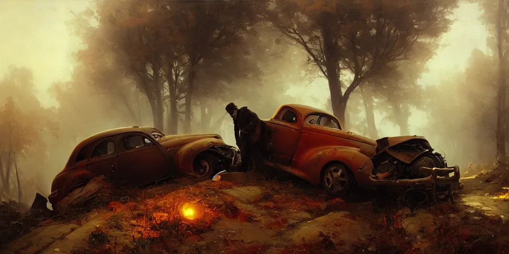 Image similar to a crashed car on a mountain road in 1 9 4 0 with red light on, sunny day, a men stand up next to the car, mystical orange fog, oil on canvas, art by andreas achenbach, clemens ascher, tom bagshaw and sabbas apterus,