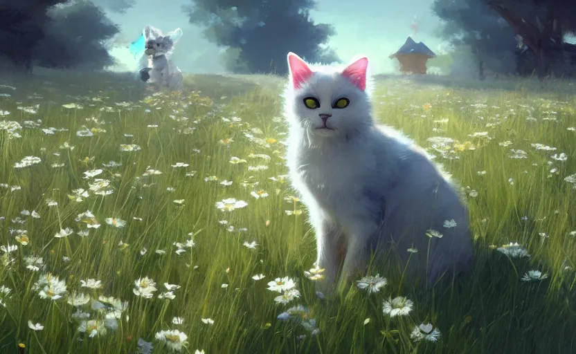 Prompt: cat and daisies, painting by craig mullins, octane rendering, soft morning lighting, wide angle lens, in the style of hayao miyazaki, trending on artstation