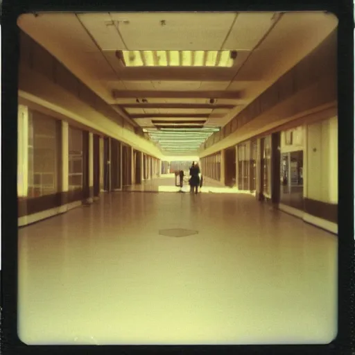 Image similar to polaroid photo of a empty mall in 80's, soft vinatge glow, nostalgic blurr