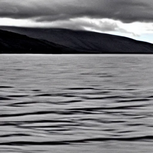 Prompt: a still photograph of the loch ness monster on a cloudy day. grainy, found footage.